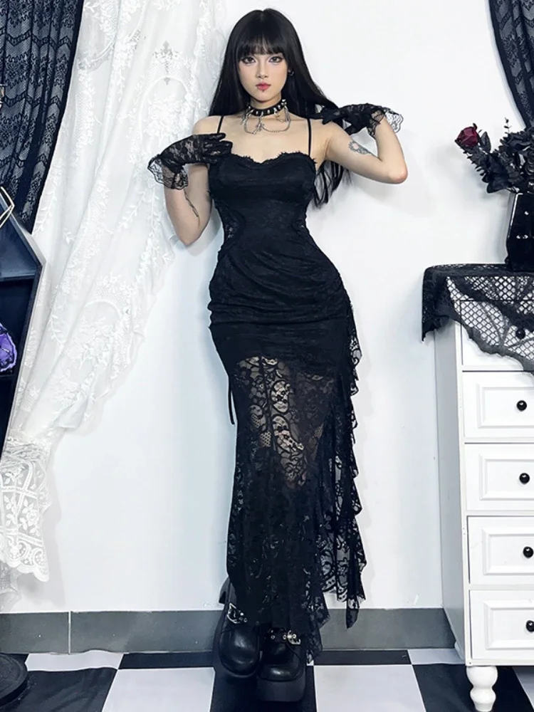 Sexy Spicy Girl Hollowed Out Lacework Wrapped Buttocks Dress New Fashion Patchwork Mesh Off The Shoulder Long  Dresses