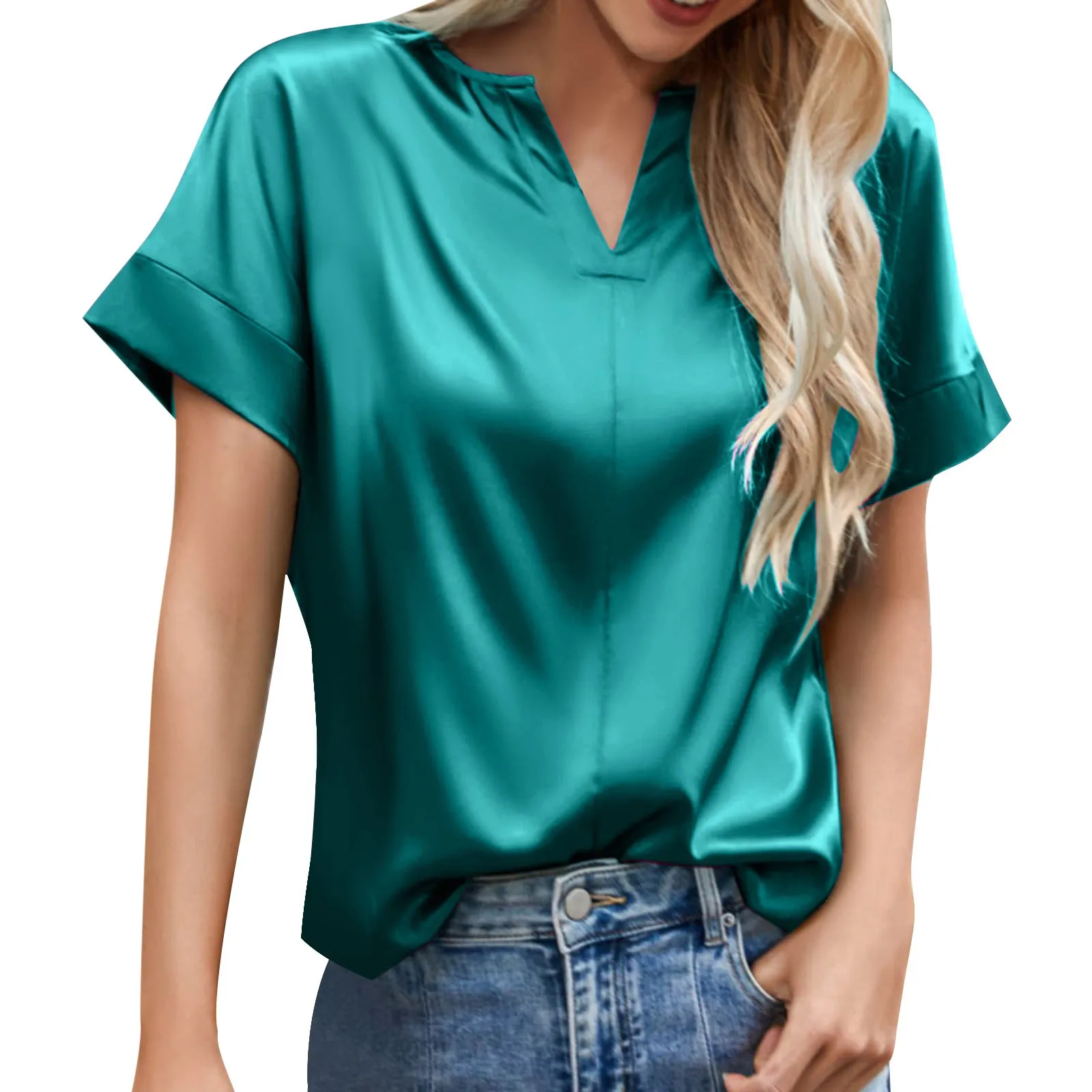 Women Summer Satin Silk Shirts Elegant Loose Office Lady V Neck Short Sleeve Tops Solid Commuter Blouses Rose Gold Green T Shirt