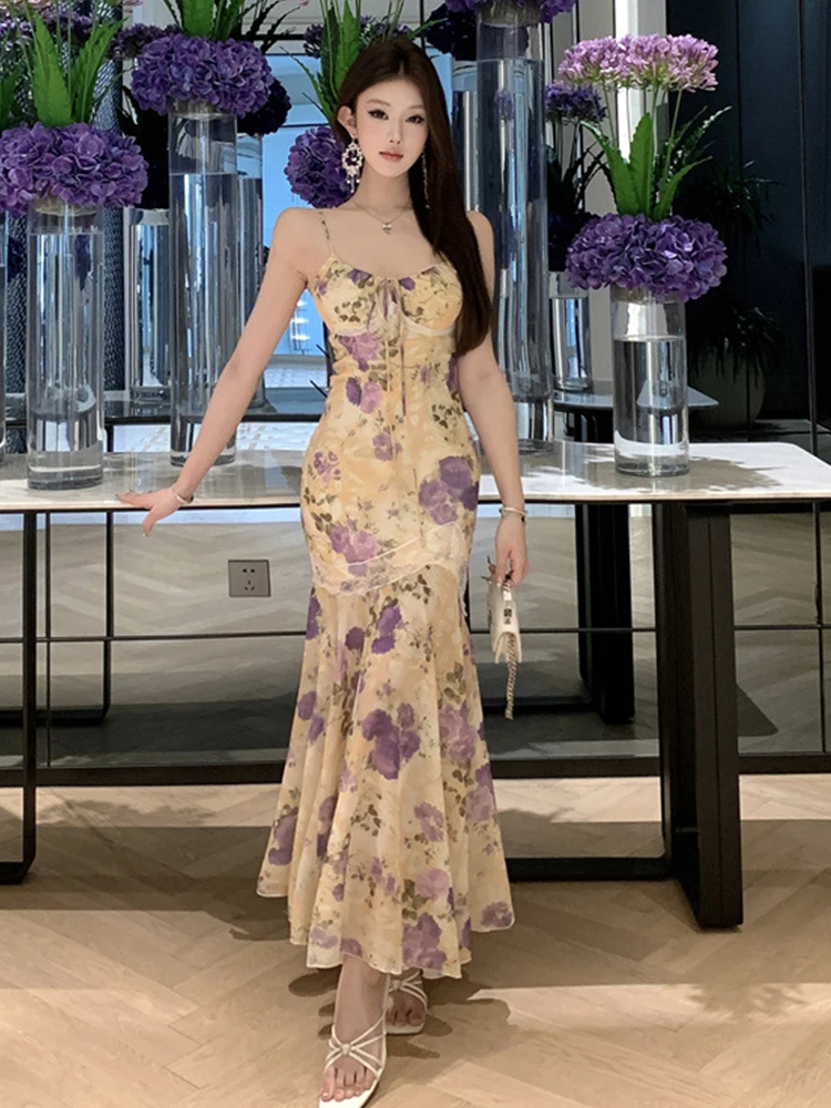 ผู้หญิงเสื้อผ้าวันหยุดดอกไม้หวานพิมพ์เซ็กซี่สลิง Slim Maxi ยาว Fishtail ชุด Elegant Lady แฟชั่น Party Prom Vestidos Robe