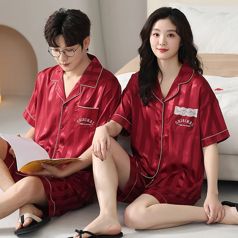 High Quality Couple Pajamas Set Summer Silk Pijama Women and Men Turn-down Collar Home Clothing Short Sleeve Pyjamas