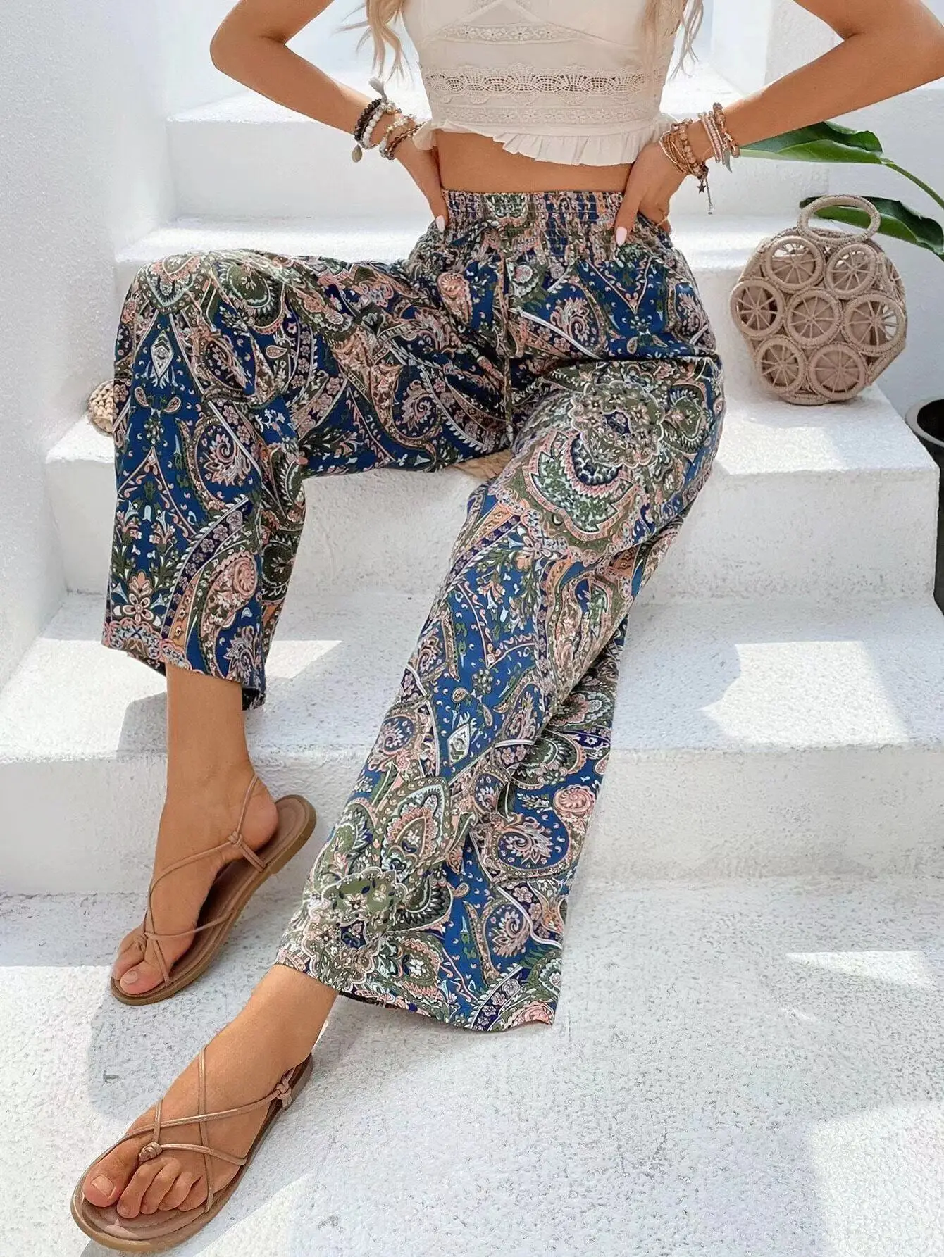 Mode Vintage Print Breite bein Hosen Frauen Casual High-taille Hosen 2024 Frühling Sommer Büro Dame Kleidung Streetwear – Detail 10