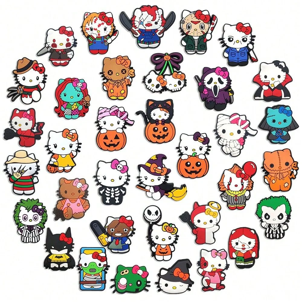 35Pcs Mesuca Halloween Horror Hello Cat Shoe Charms, Spooky Cartoon PVC Shoe Decoration Charms, Wristband Bracelet Accessories, DIY Shoe Ornaments Party Favor Gifts For Croc Clogs