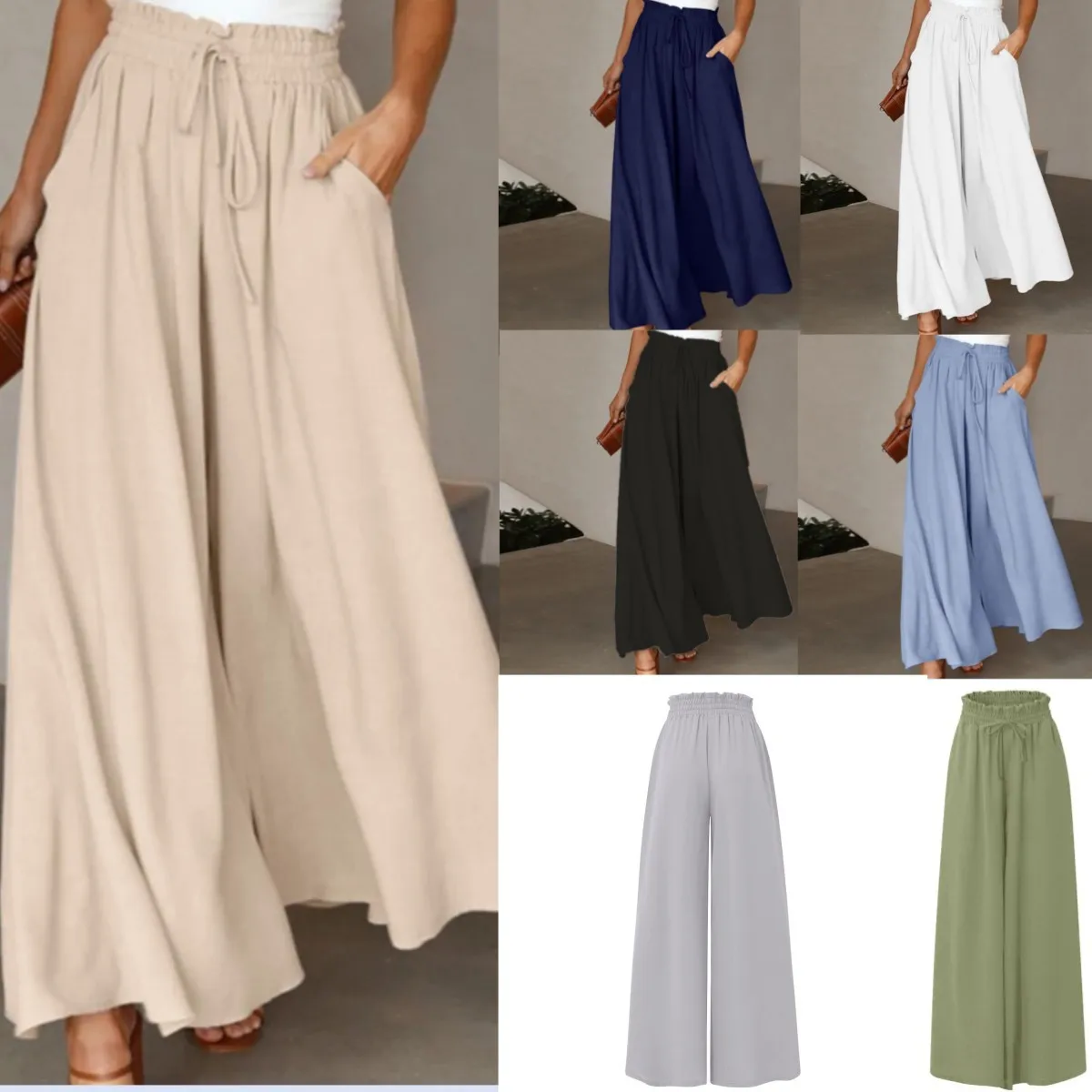 Women's High Waist Wide Leg Pants Elastic Belt Summer New Style Casual Trousers Cleanfit Style Pocket Element Cotton Material