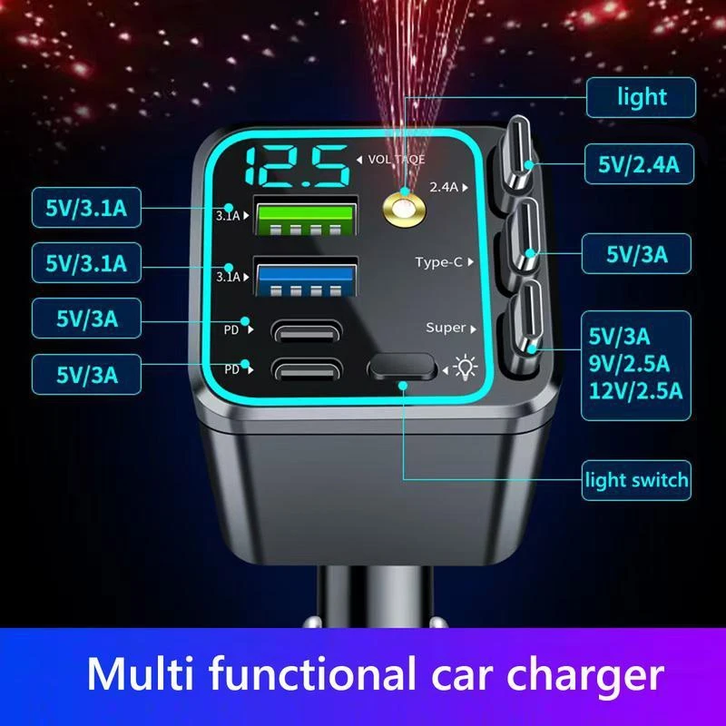 Digital Display Car Charger Telescopic Cable Car Charger PD Super Fast Charging Five In One Cigarette Lighter Dual Type-C