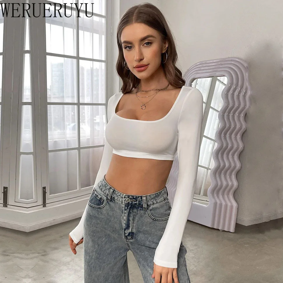 White T Shirt Long Sleeve Sexy Crop Top Womens Y2k Clothes Summer Autumn Corset Knitted Elastic Sport Short T-shirts for Women