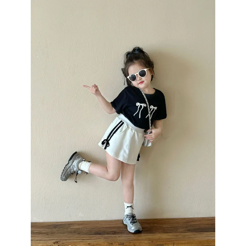 GirlsTT-shirt2024Summer New Children Bow Top Children's Casual Short-Sleeved Bottoming Shirt Fashion