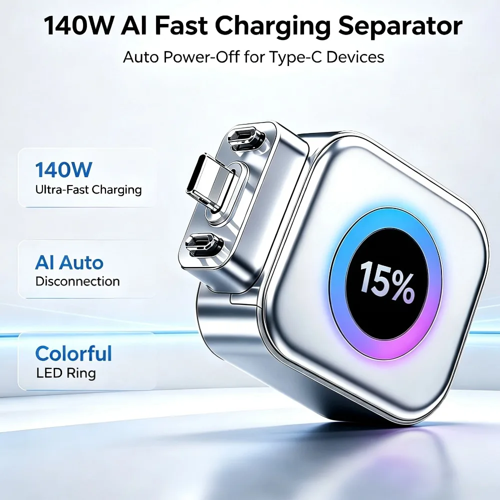 140W Smart AI Fully Charged Separator Phone Auto Disconnect Type‑C Charging Separator Colorful LED Overcharge Protection Adapter
