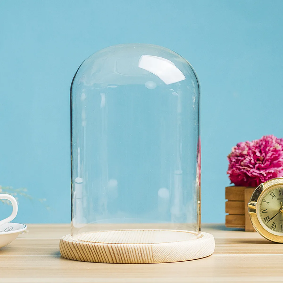 

10x14cm Premium Glass Dome on Natural Wood Base Dustproof Transparent Flower Cover for Eternal Roses DIY Decoration Storage