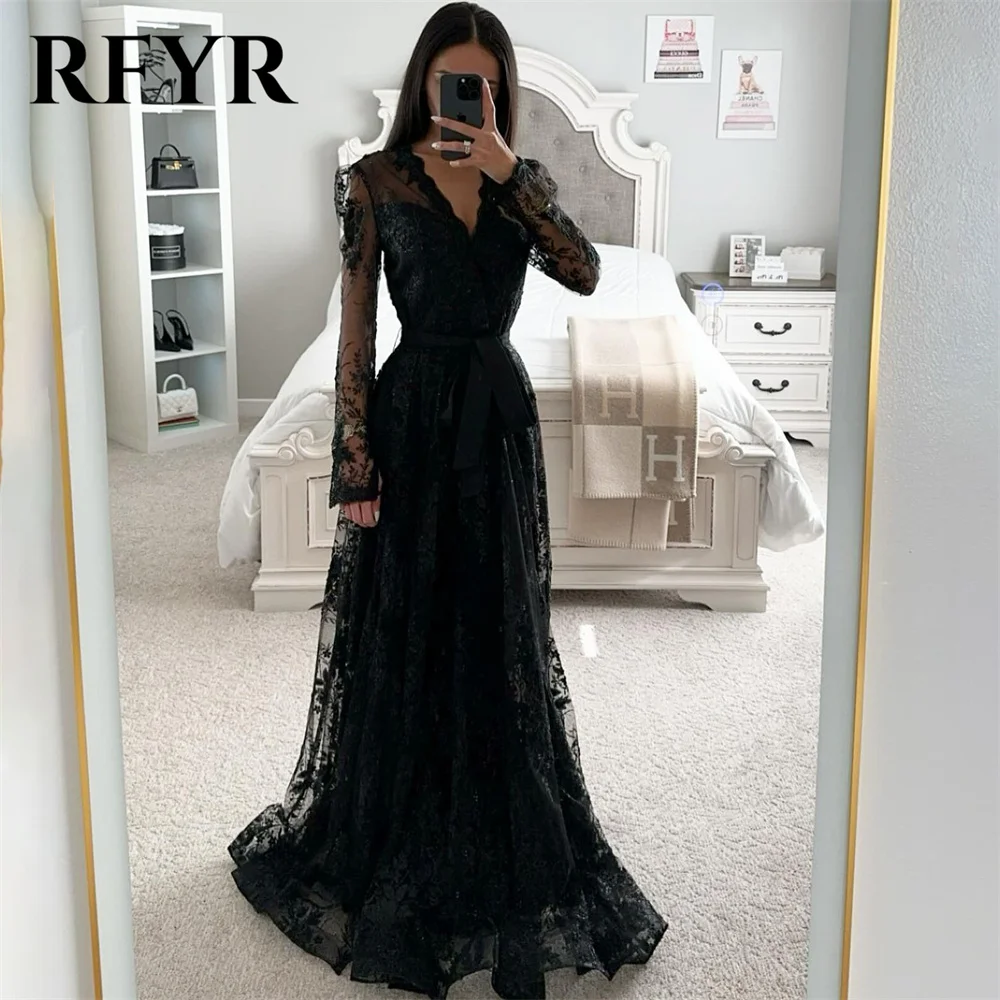 

RFYR Black Beach Evening Dresses Corset Lace Vestidos De Noche Applique Tulle Prom Dress with Pleat V-Neck Long Party Dresses