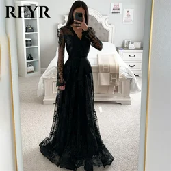 RFYR Black Beach Evening Dresses Corset Lace Vestidos De Noche Applique Tulle Prom Dress with Pleat V-Neck Long Party Dresses