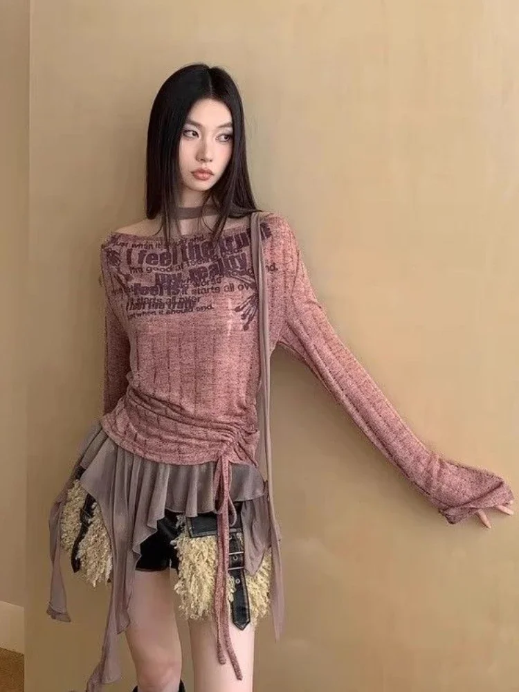 

Винтажные лоскутные топы с нерегулярными рюшами, женские футболки с вырезом в стиле Харадзюку на шнурке Y2k, эстетические футболки в стиле гранж с буквенным принтом