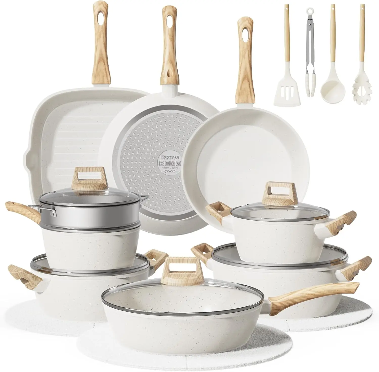 

Набор из 24 предметов: кастрюли и сковородки с антипригарным покрытием, керамическая посуда с титановым усилением, долговечная, без ПФАС.