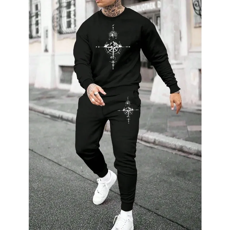 

Autumn and winter casual fashion men's sports suit printed round neck sports shirt sports pants daily men's hip-hop street wear