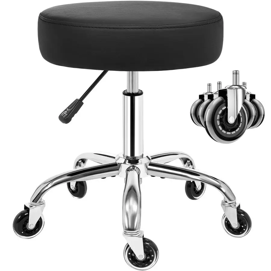 

Round Rolling Stool with Wheels Height Adjustment 360 Swivel Stool Heavy Duty Wide Chair PU Leather Soft Seat Cushion for Massag
