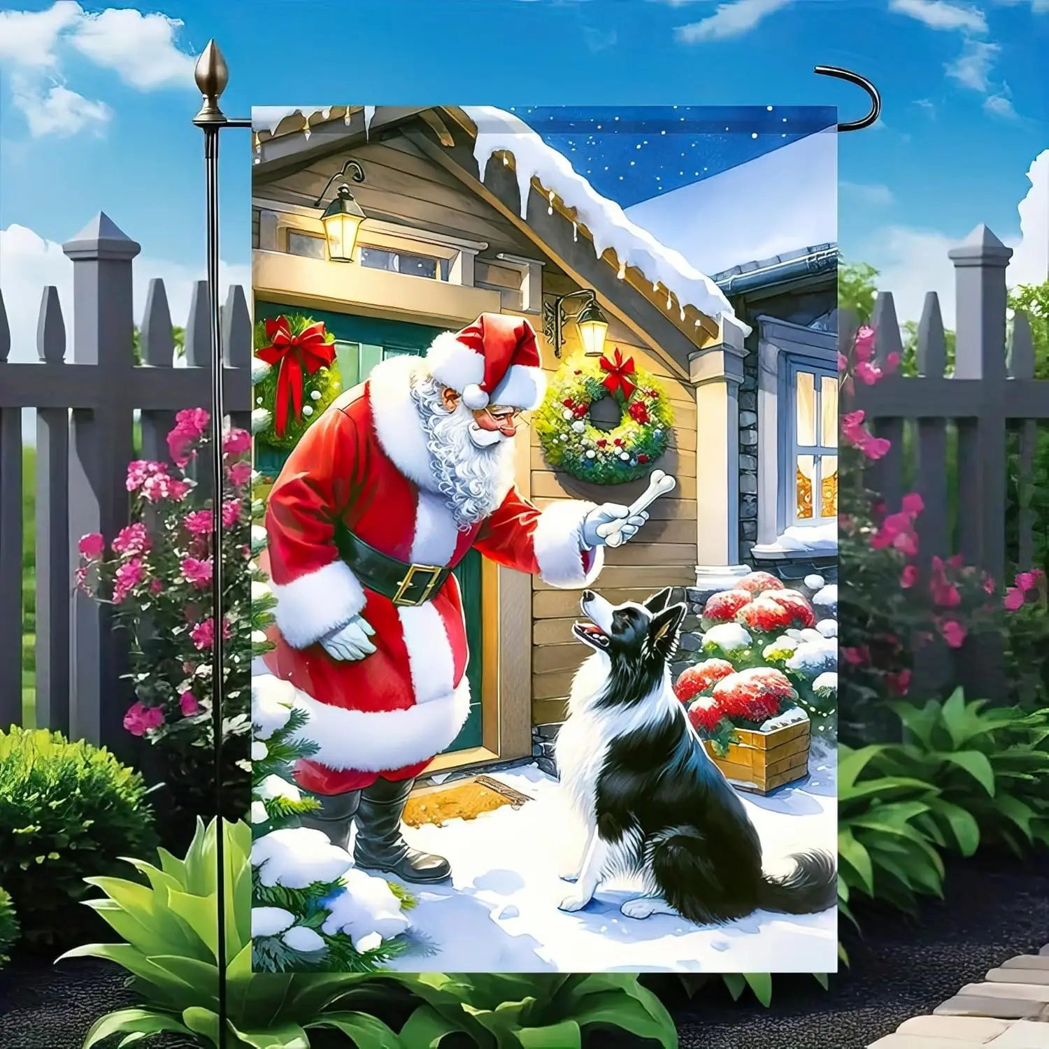 Double Sided 12x18 Christmas Garden Flag - Winter Merry Christmas Santa And Dog Border Collie Festive Yard Decoration XAA UU SSL