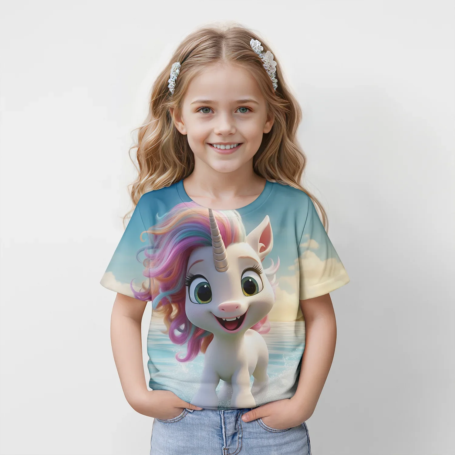 Camiseta gráfica infantil de unicórnio, camiseta estampada em 3D, roupas casuais de manga curta, streetwear esportivo feminino, tops de verão infantil, novo, 2022