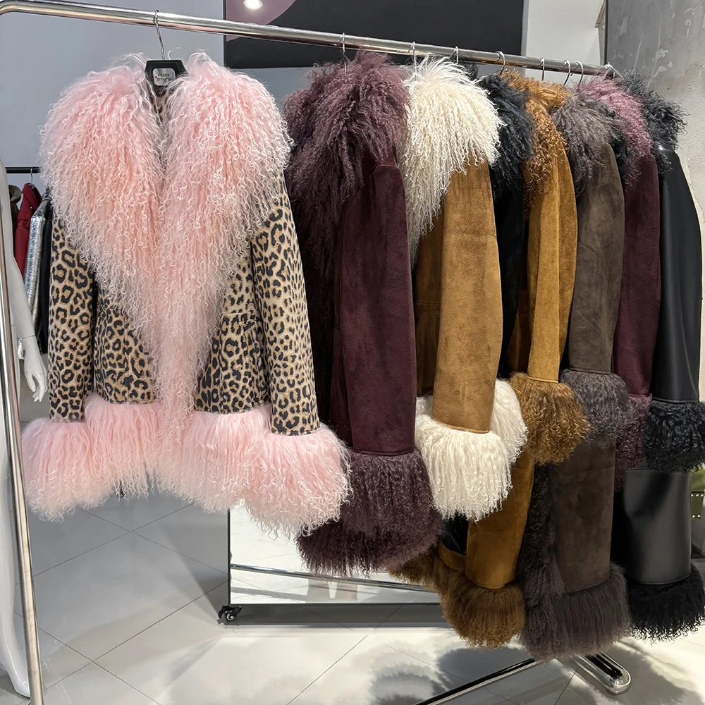 YOLOAgain Real Mongolia Sheep Fur Collar Real Leather Jacket Coat Women