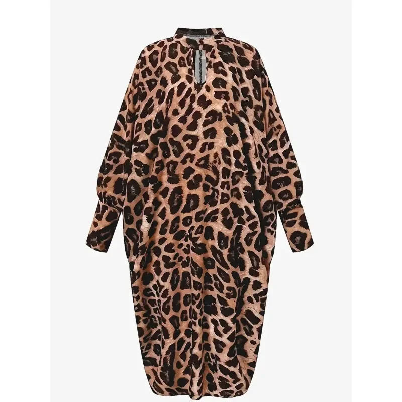 Women\'s Plus Size 1XL-5XL Fashionable Boho Leopard Print Dress - Casual Baggy Fit Batwing Sleeves Keyhole Round Neck