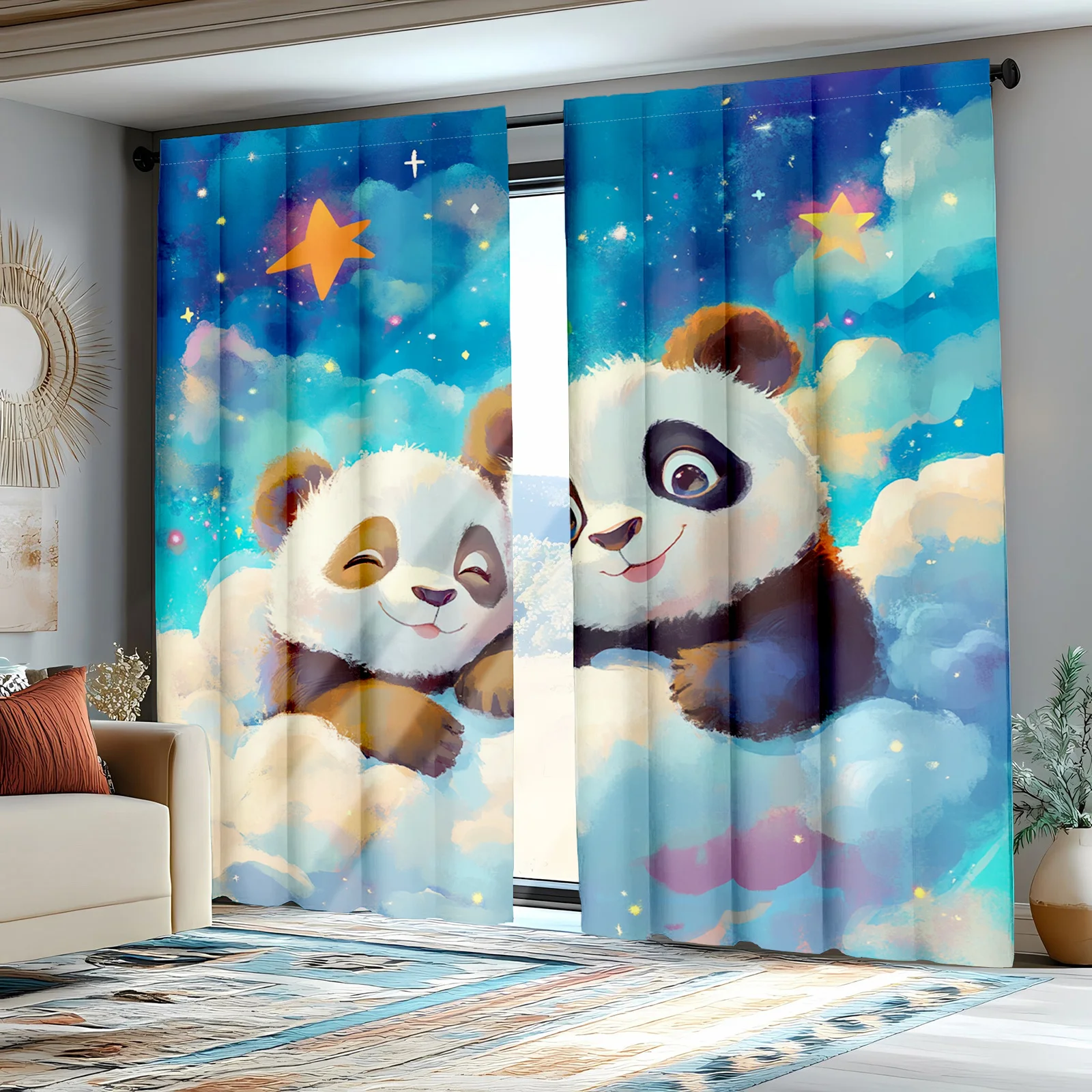 Cute Panda Stars Cloud Curtains for Nursery Kids Bedroom Window Decor Drapes Whimsical Polyester Children's Sky Pattern Curtain