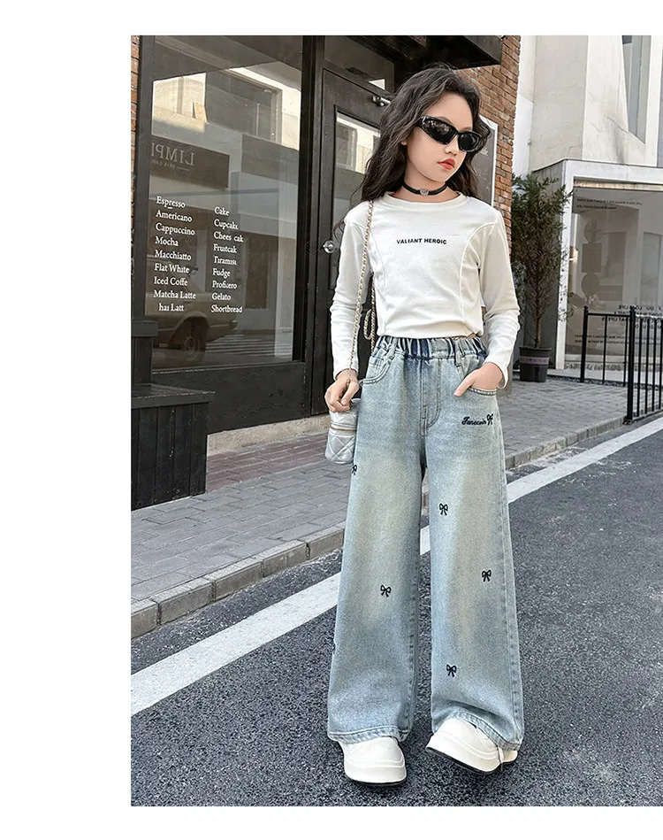 5-14 Jahre Frühling Herbst Mädchen-Jeans, modische Retro- und Vintage-Hose mit fünfzackigem Sternmuster und Stickerei, weit geschnittene Hose für Teenager-Mädchen – Detail 29
