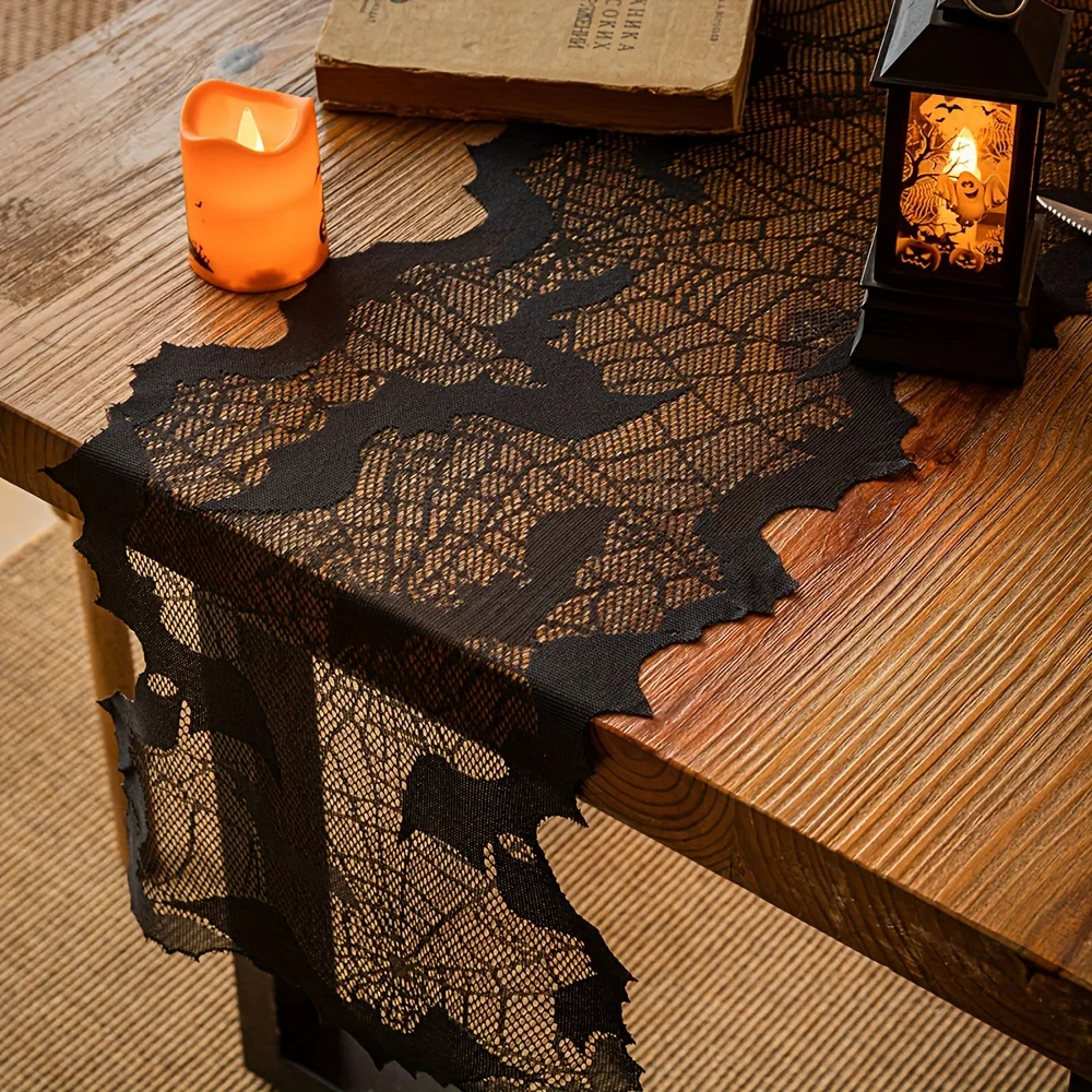 1pc, Halloween Spider Web And Bat Table Runner, Polyester, Spooky Night Party Decor, Black Lace Festive Home & Table Accent