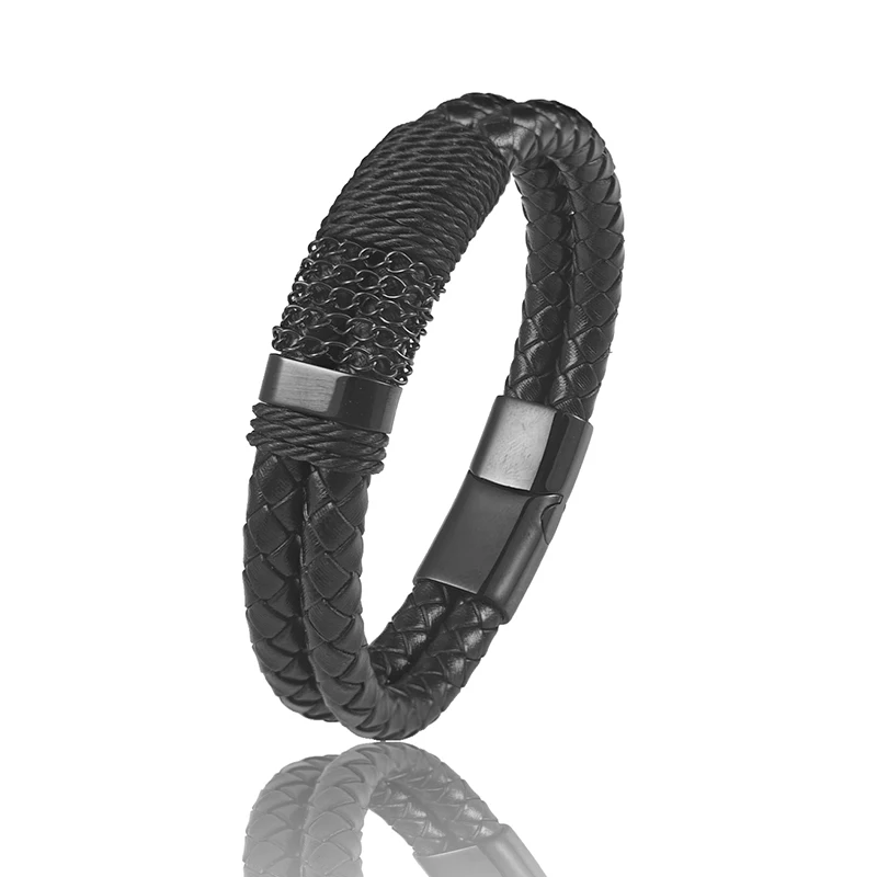 Schwarzes Geflochtenes Lederarmband für Männer Edelstahl-Kettendetail Magnetverschluss Modischer Herrenschmuck Geburtstagsgeschenk