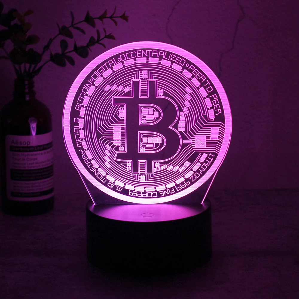 Acrylic Led Night Light Bitcoin for Room Decorative Nightlight Touch Sensor 7 Color Changing Battery Powered Table Night Lamp 3D