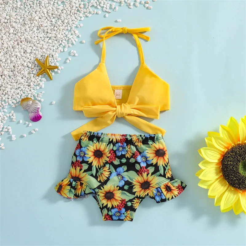 Tregren 1-5Y Kids Girls 2pcs Bikini Sets Halter Bowknot Tops Floral Ruffle Shorts Swimsuit Infant Beach Swimwear Bathing Suits