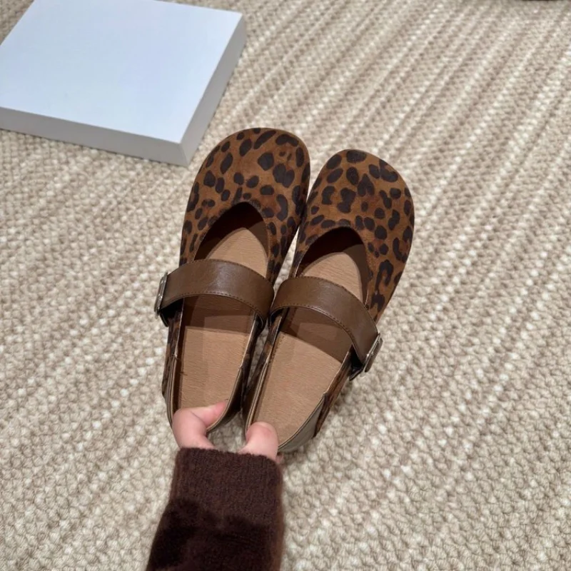 Women's Retro Leopard Print Mary Jane Shoes, Soft Leather One Buckle Flats, Comfortable All-Match Office & Daily Wear Shoes