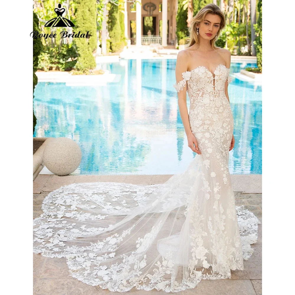 

Roycebridal с вырезом в форме сердца, кружевное свадебное платье русалки, 2025 г., свадебные платья с открытыми плечами и шлейфом, свадебные платья по индивидуальному заказу, Vestidos