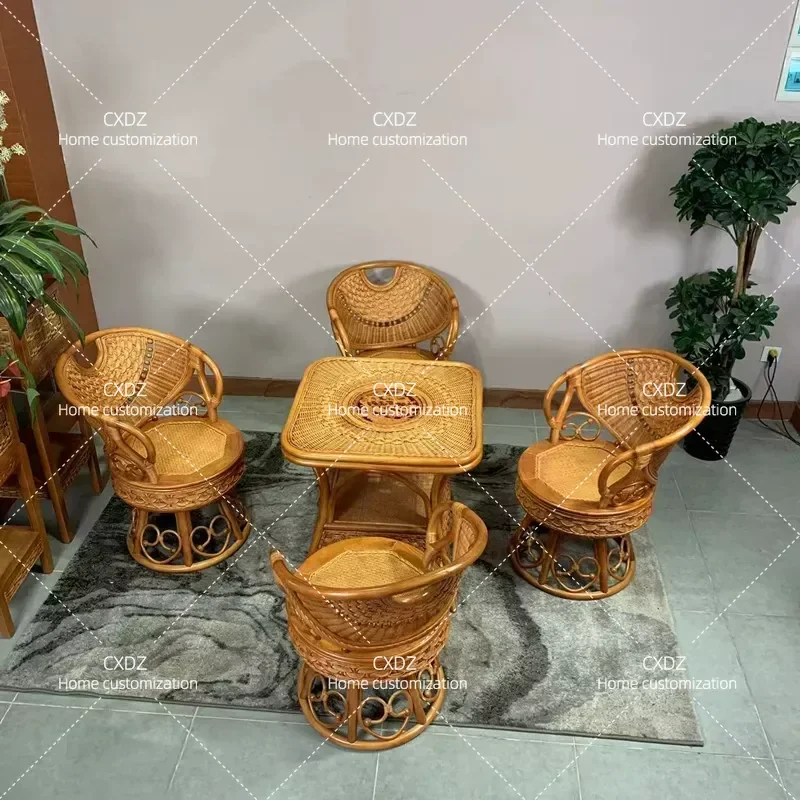 Natural Real Rattan Chair and Coffee Table Set 3 Piece Living Room Balcony Furniture Casual Woven Single Swivel Armchair with