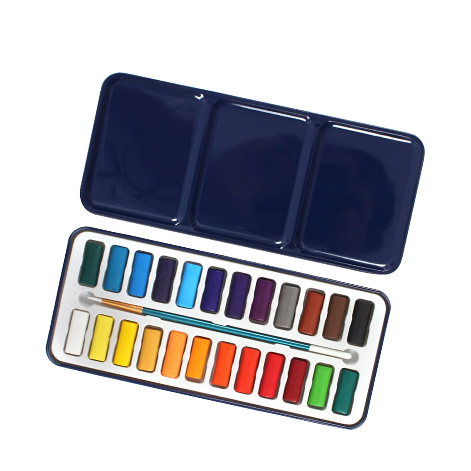 

Набор из 12 уникальных акварельных красок в твердых кюветах, привлекательных цветов, в металлической коробке в учебном стиле с крышкой-кистью, которая открывается и закрывается плавно.