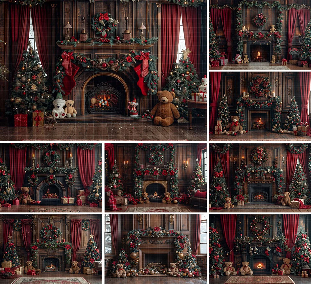 

Mehofond Photography Background Winter Christmas Fireplace Window Xmas Trees Kids Family Portrait Decor Backdrop Photo Studio