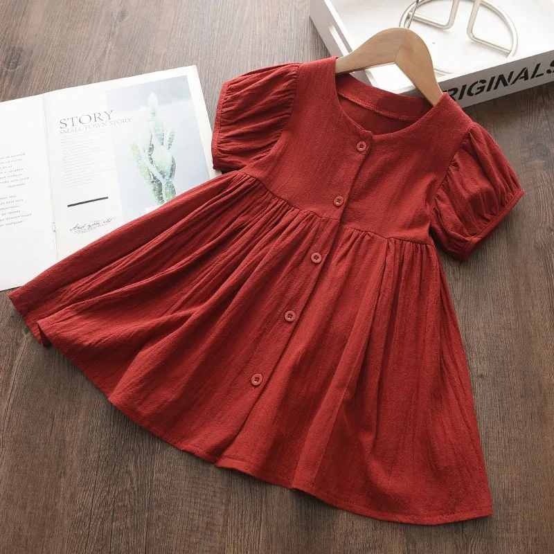 Girls Puff Sleeve Dress Summer New Solid Color Princess Dress Simple Cotton Dress for Toddlers Versatile and Breathable Dress