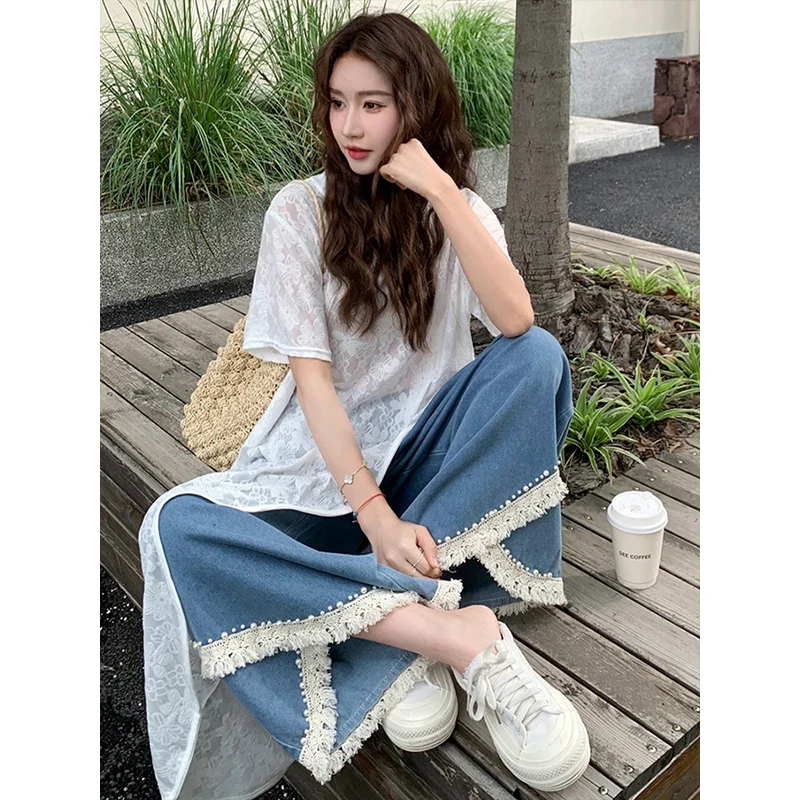 Summer 2025 Embroidered Long Uneven Top And Jeans Two-Piece Set Faionable Casual Wear for Young Women 8-25 Years Old