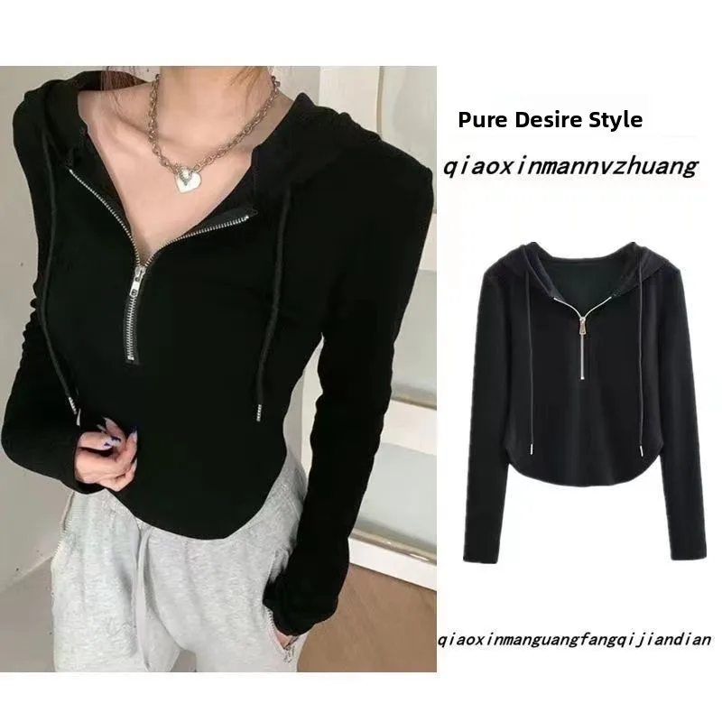 Slim Fit Hoodie Long Sleeve Women's T-Shirt Zipper Closure Korean Style Commute Classic Pattern Polyester Fiber Thin Spring A...