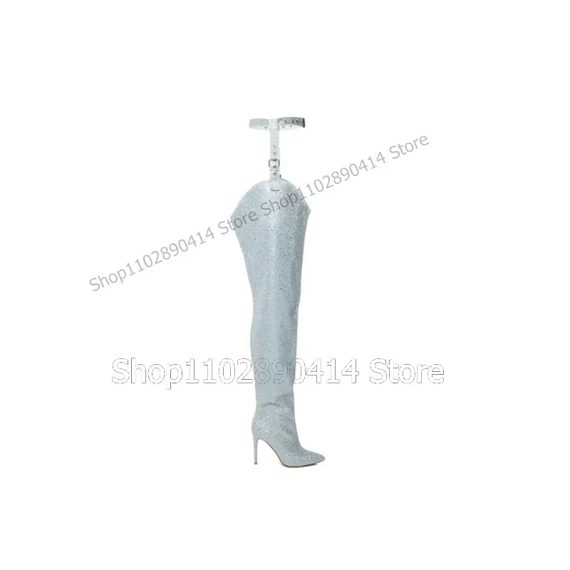 Luz azul giltter cinto decoração botas coxa alta sapatos femininos finos saltos altos apontou toe moda sexy 2023 zapatos para mujere