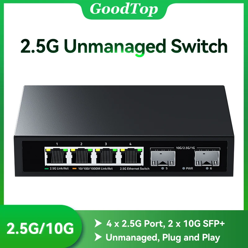 GoodTop 2.5Gb Switch 4 Port 2.5G RJ45 with 2 Port 10G SFP+ Fanless Unmanaged Homelab  Desktop Wall Mounted Network Switch