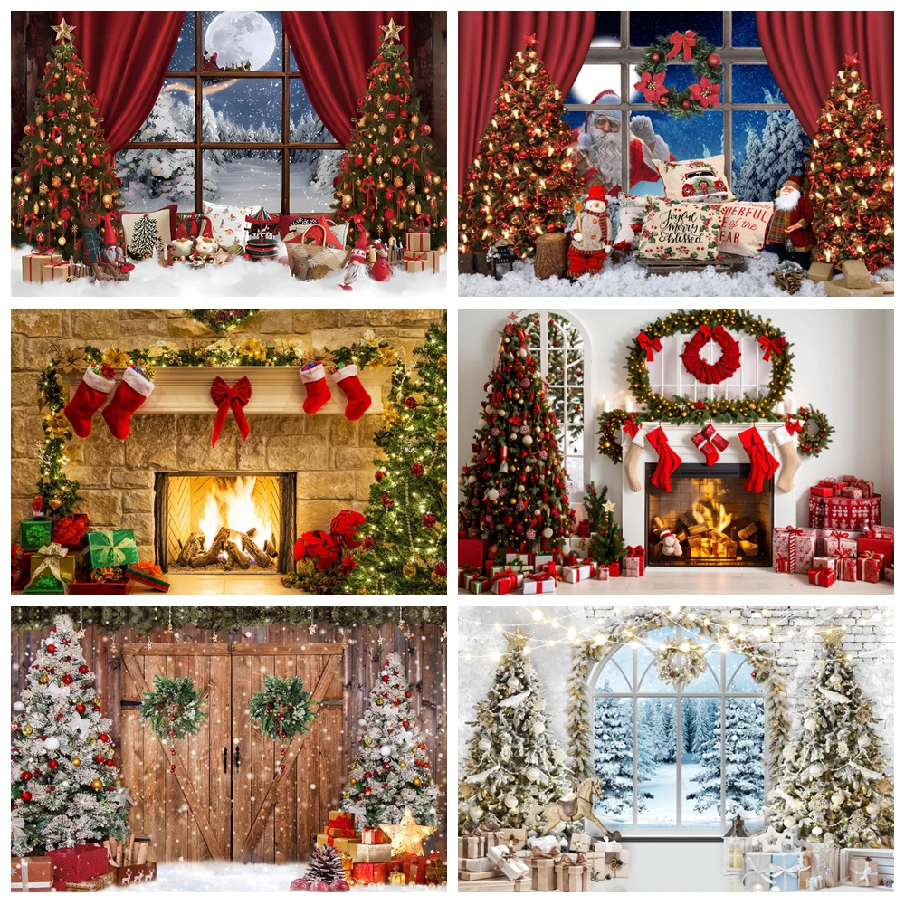 

Winter Christmas Photography Backdrop Xmas Tree Fireplace Window Gift Snowman Kids Portrait Family Party Background Photo Studio