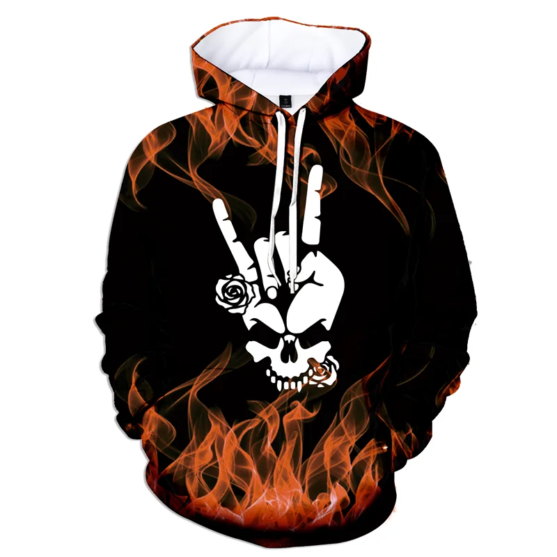 Cool Flame Pattern Graphic Hoodie For Men Gesture Skull 3D Printed Sweatshirt Casual Pullover Loose Hoodies Long Sleeve Tops