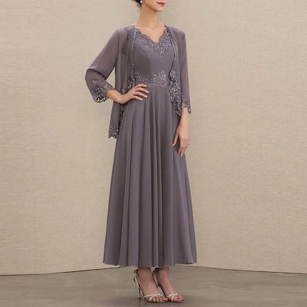 Customized Elegant 2 Pieces Mother of The Bride Dresses V Neck Ankle Length Appliques Chiffon Formal Dresses for Women 2025