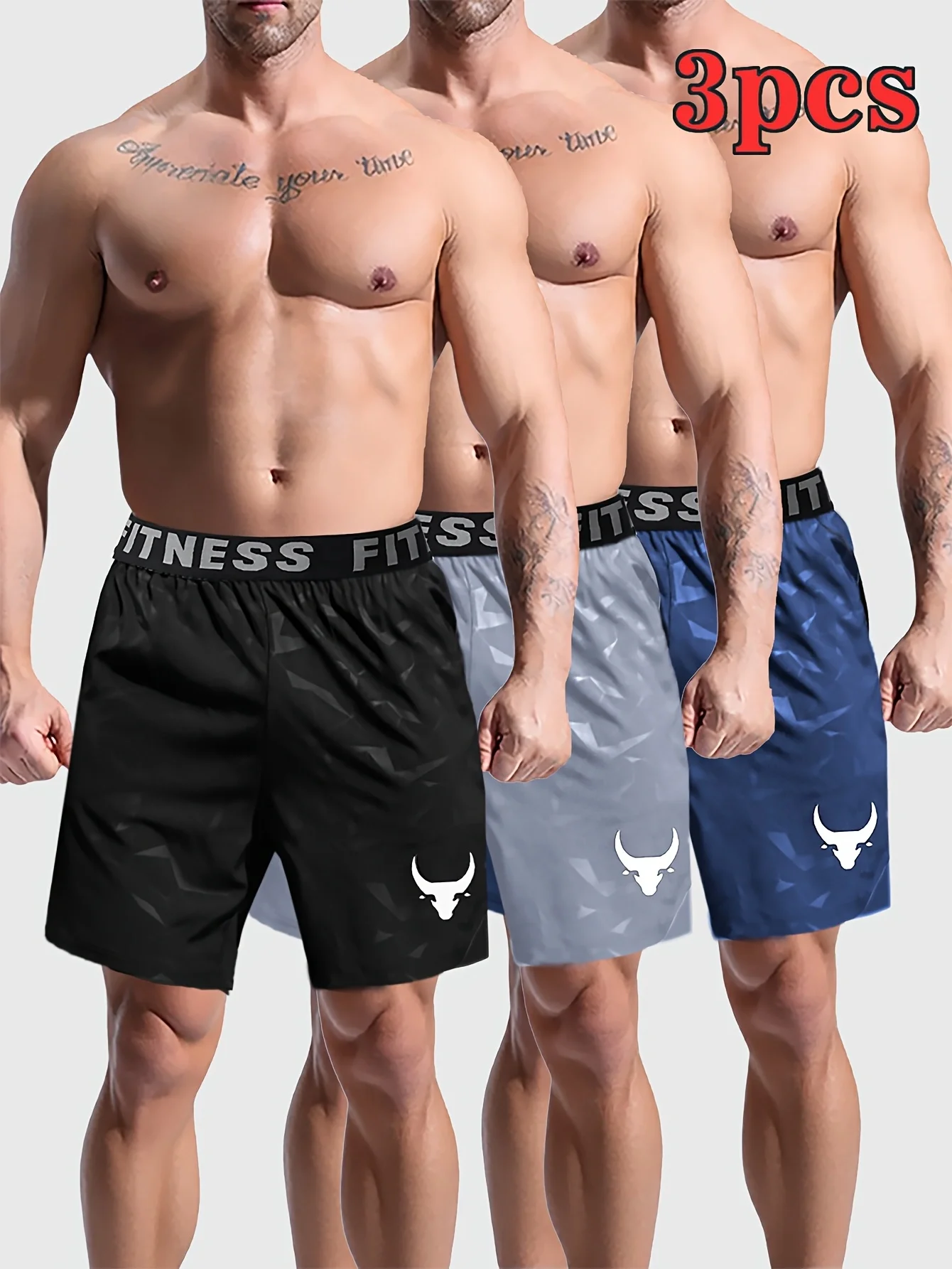 Men's quick drying sports shorts 3 pcs set breathable training shorts