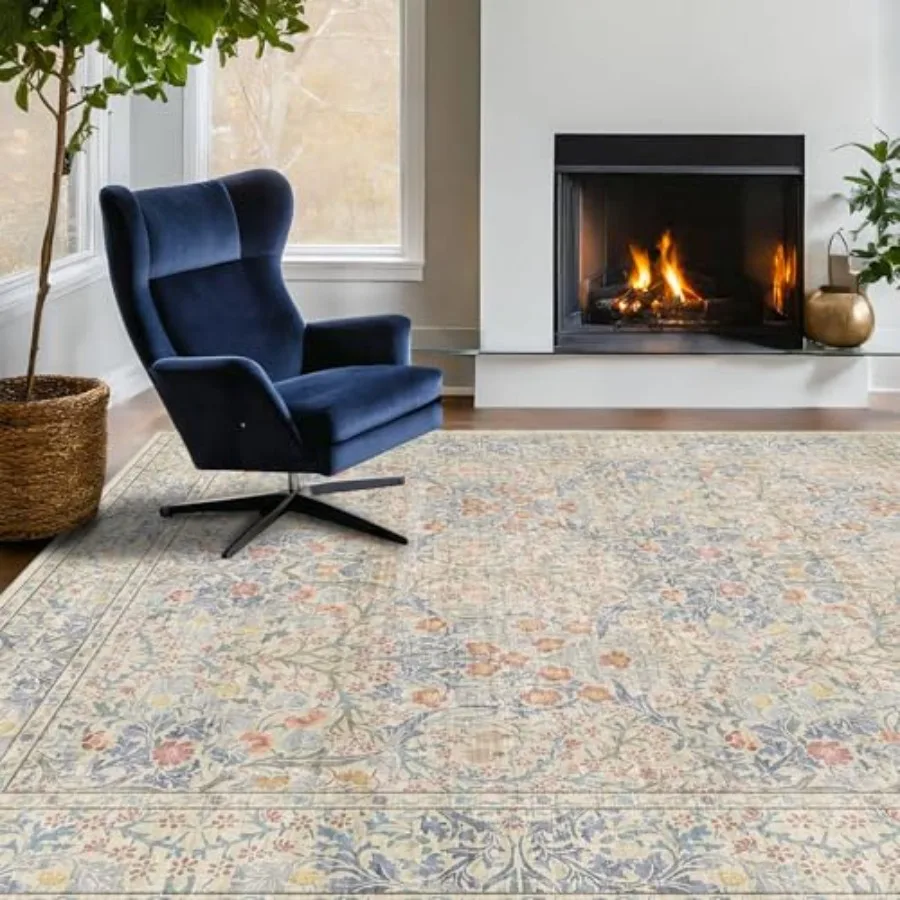 

Washable Dining Room Rugs 7x9 Area Rug for Living Room Bedroom Playroom Low Pile NonSlip Lightweight Stain Resistance Light Bei