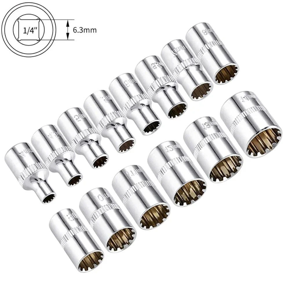 1pc 12 Point Socket Bit 1/4 Square Drive Mirror Short Head For Ratchet Wrench 4/4.5/5/5.5/6/7/9/10/11/12/13/14mm Hand-Tools