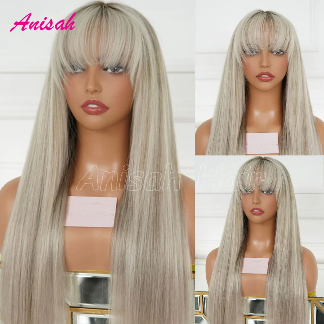 Braizlian Ash Blonde Wigs Human Hair Lace Front Wig Highlight Bone Straight Human Hair Lace Closure Wigs with Bangs