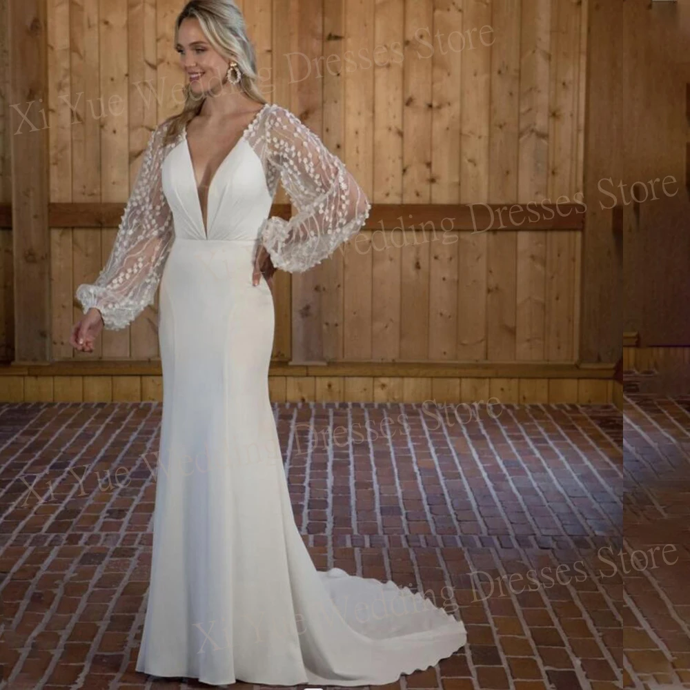 Sexy Deep V-Neck Mermaid Generous Wedding Dresses Lace Long Puff Sleeve Bride Gowns Backless Stain Custom Made Robe De Mariee