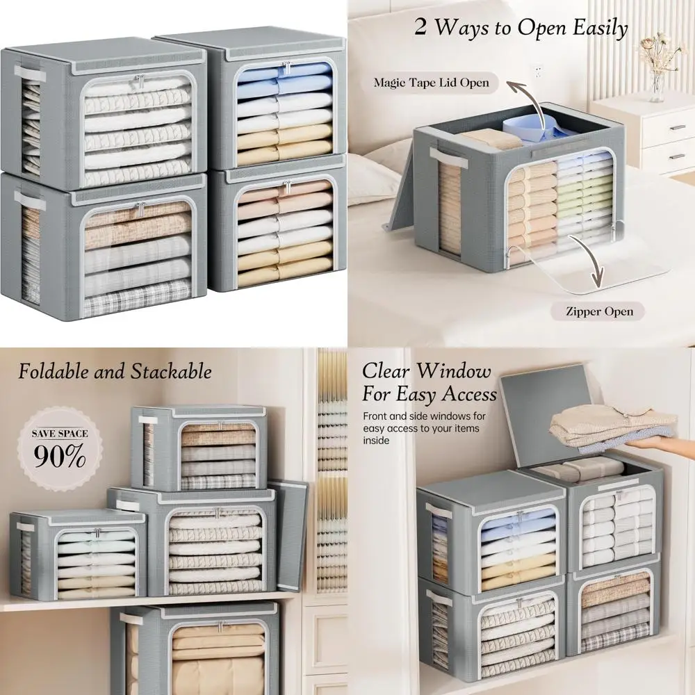 

Collapsible Metal Frame Fabric Storage Bins with Lids, Stackable Durable Oxford Cloth Organizer Boxes for Clothes
