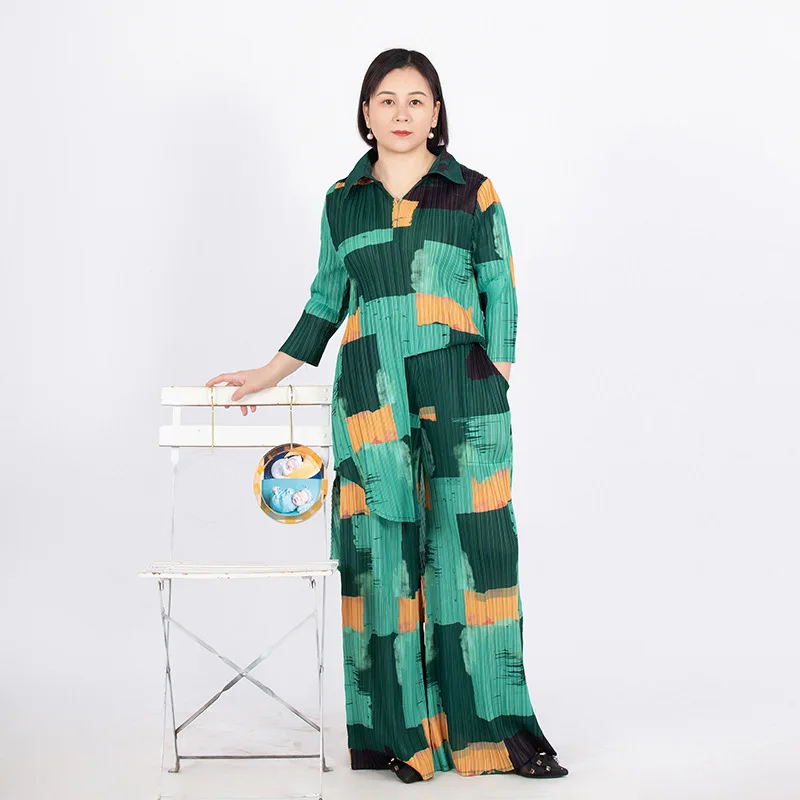 Printed color blocked lapel long sleeved temperament plus size women's pants set