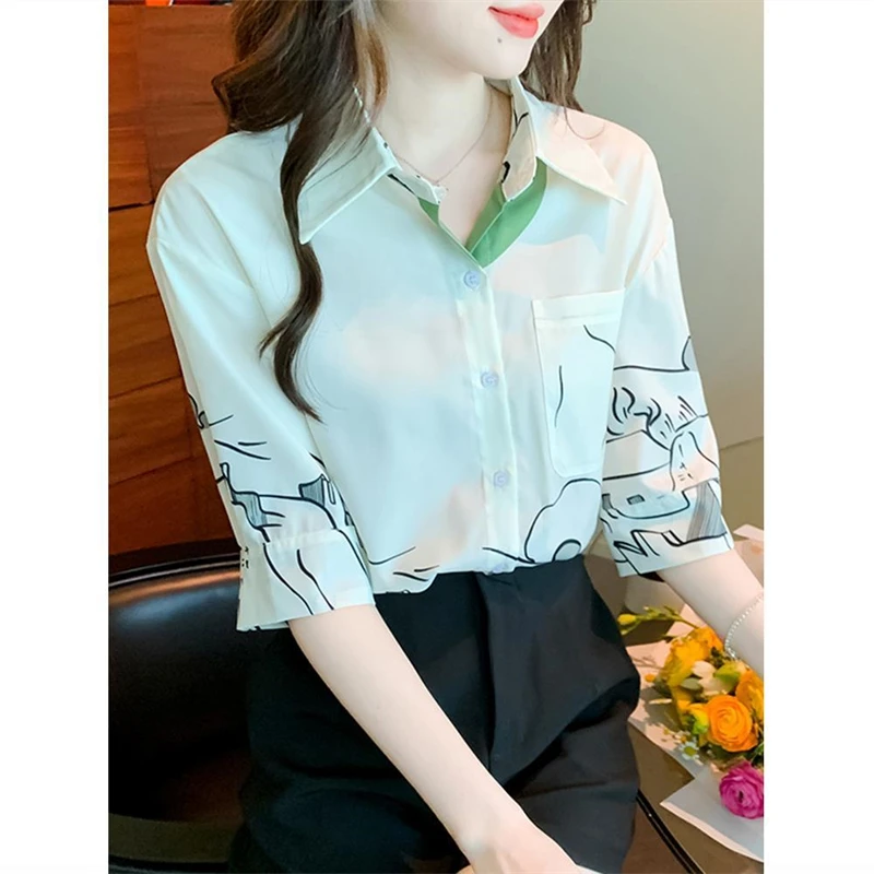 Women Korean Fashion Contrast Color Print Shirts 2024 Summer Chic Sweet Design Y2K Blouse Casual Short Sleeve Loose Tops Camisas