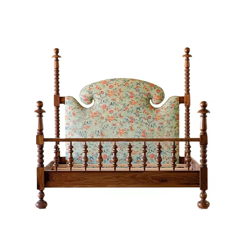 American rural retro double bed 1.5 meters fabric soft bag printing pillar bed French printing bed